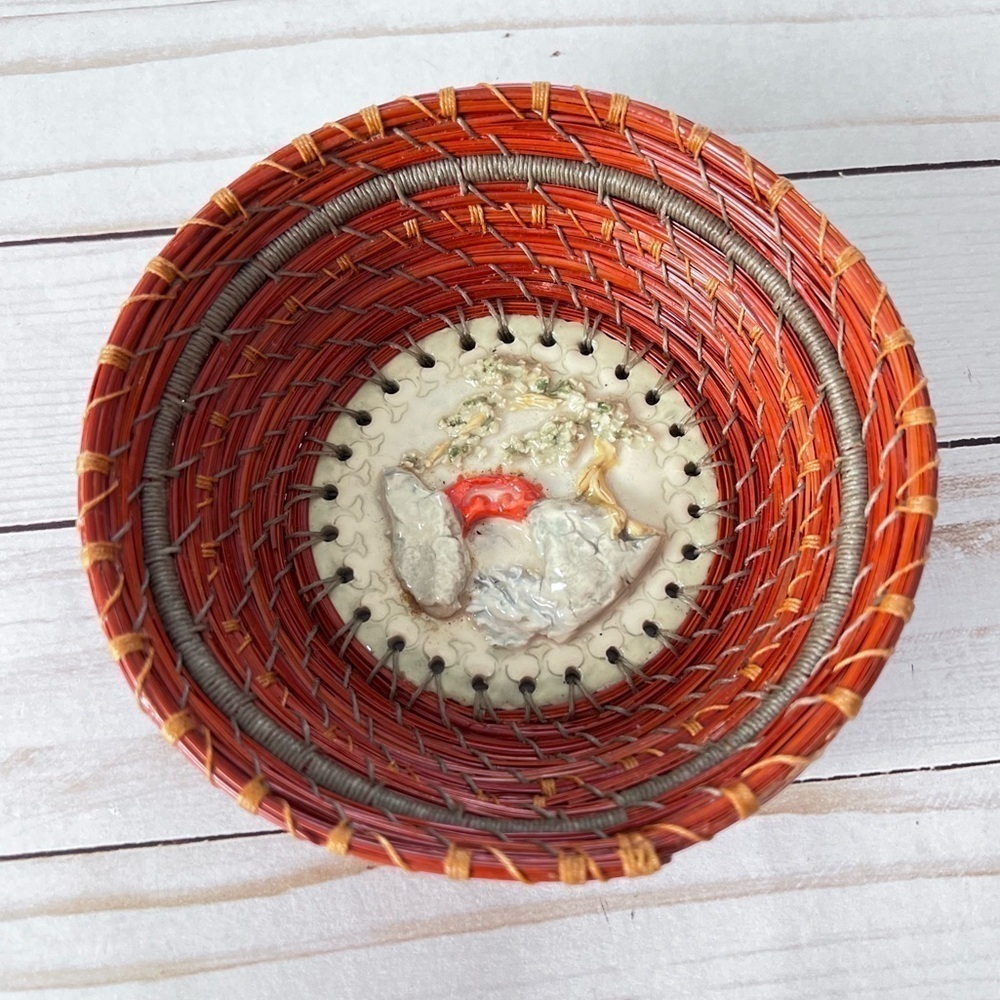Handmade Pine Needle Woven Basket with Asian Landscape Style Bottom